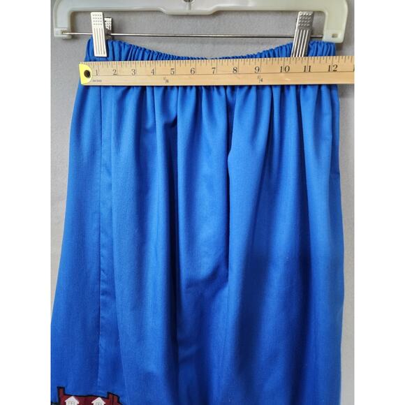 Whimsical Blue Skirt with Appliqué Cityscape Hem, Gathered Waist, Artistic Urban - Picture 6 of 7